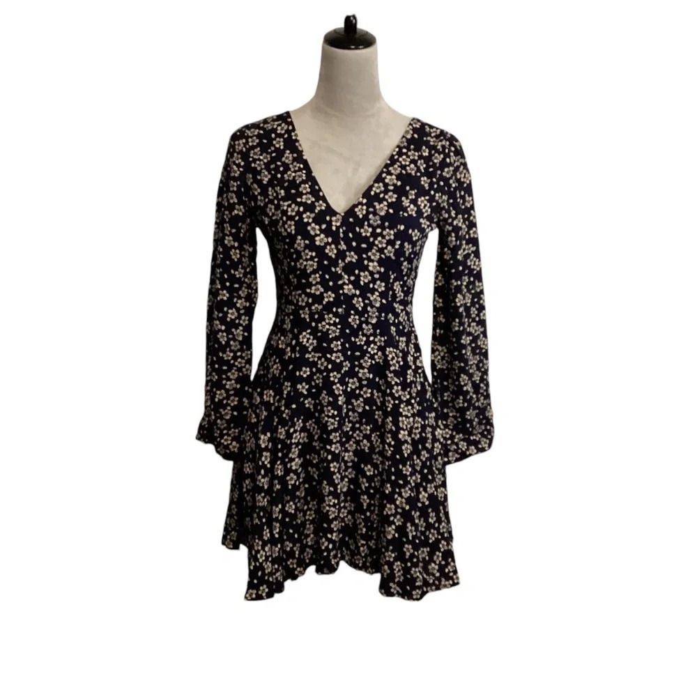 Blue Rain Dress Mini Ditsy Floral Cottagecore Bohemian Fit & Flare Womens SZ S